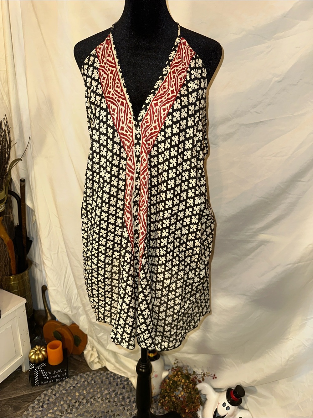 Sleeveless Black & White Printed V-Neck Dress with Red Trim